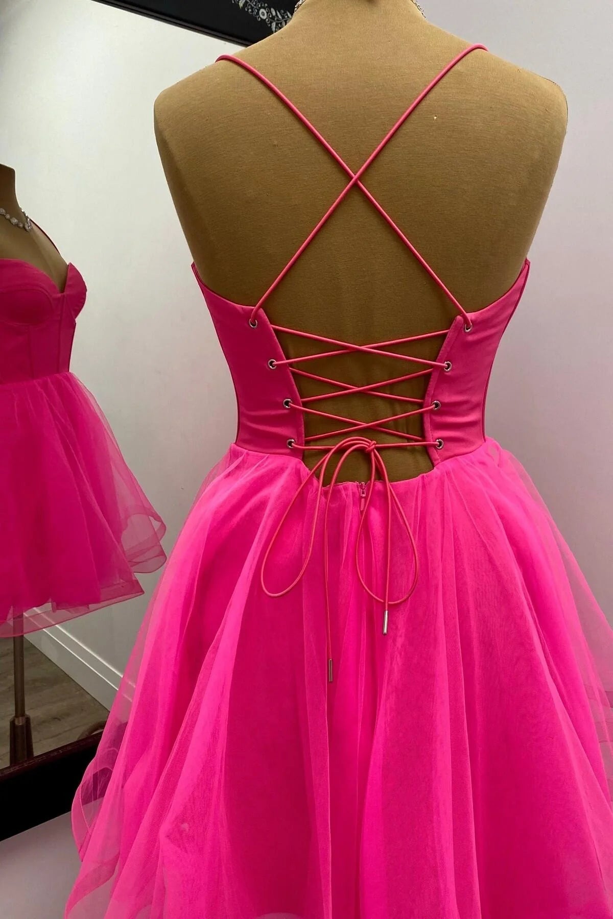 Weitese Dress Spaghetti Straps Hot Pink Corset A-line Short Princess Dress Sleeveless Homecoming Dress