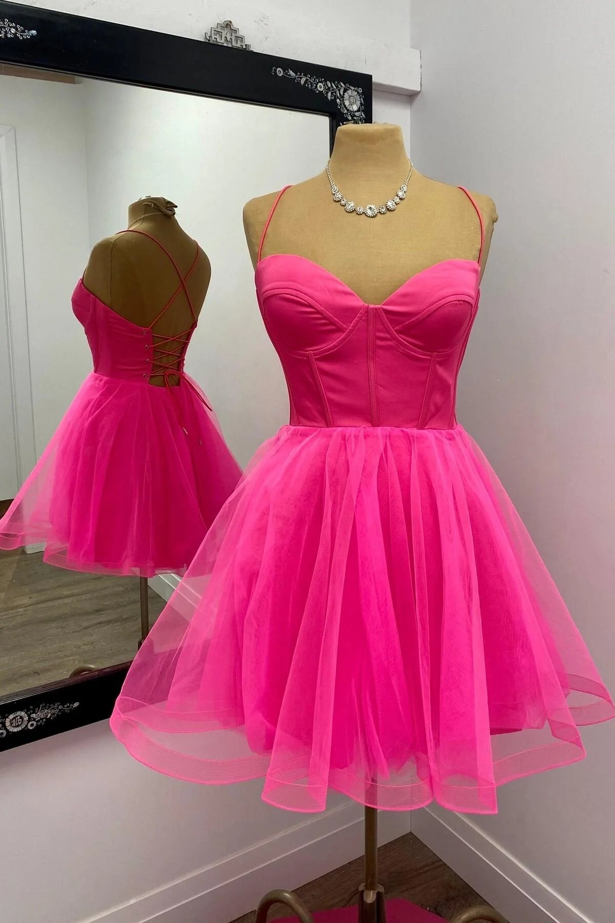 Weitese Dress Spaghetti Straps Hot Pink Corset A-line Short Princess Dress Sleeveless Homecoming Dress