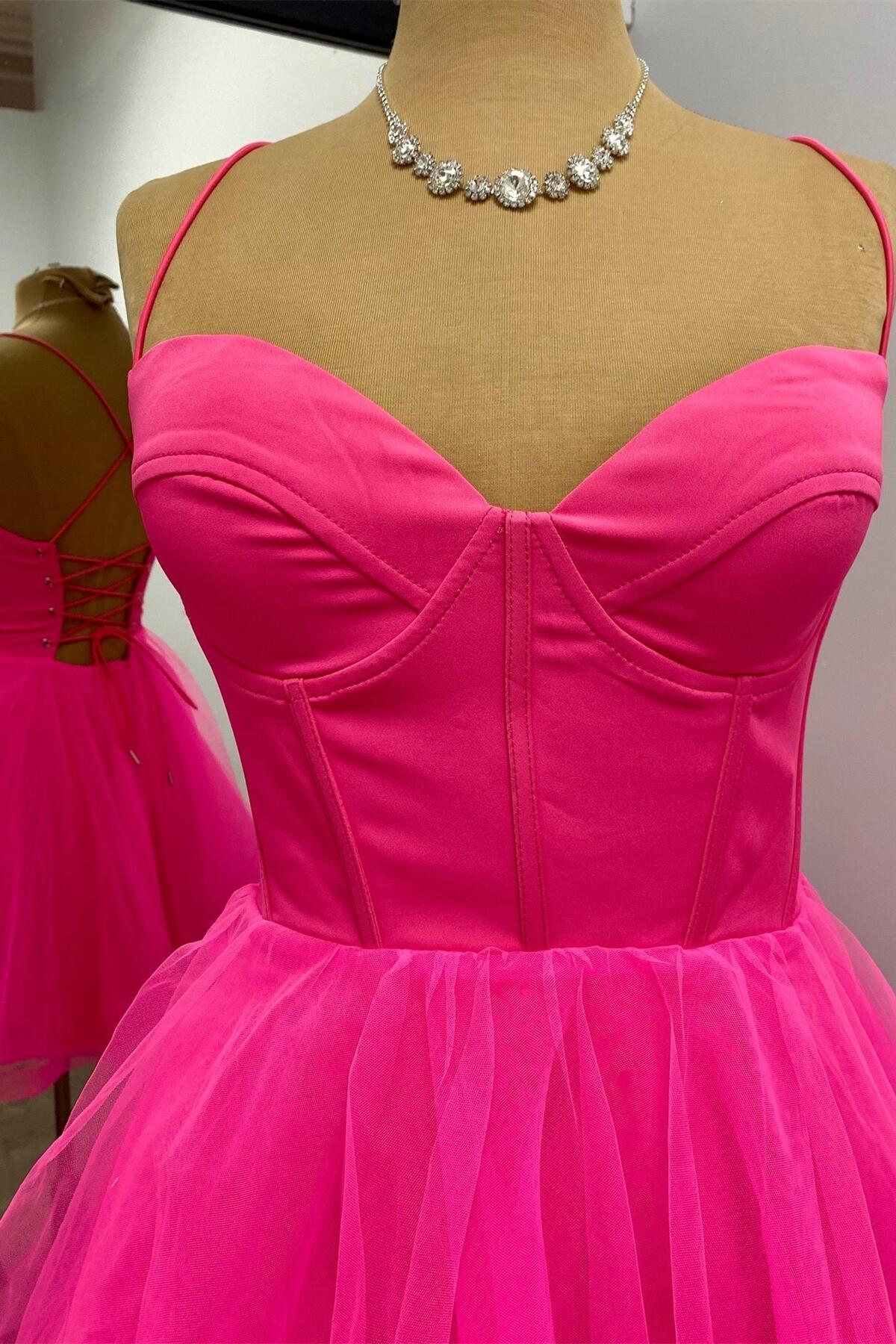 Weitese Dress Spaghetti Straps Hot Pink Corset A-line Short Princess Dress Sleeveless Homecoming Dress