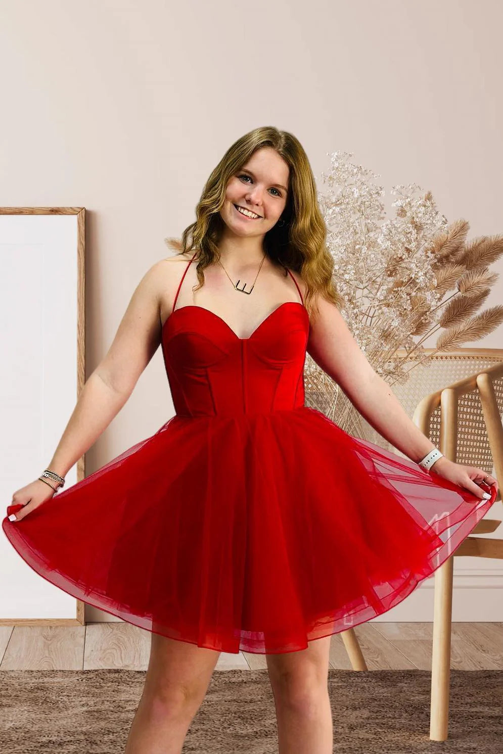 Weitese Dress Spaghetti Straps Hot Pink Corset A-line Short Princess Dress Sleeveless Homecoming Dress