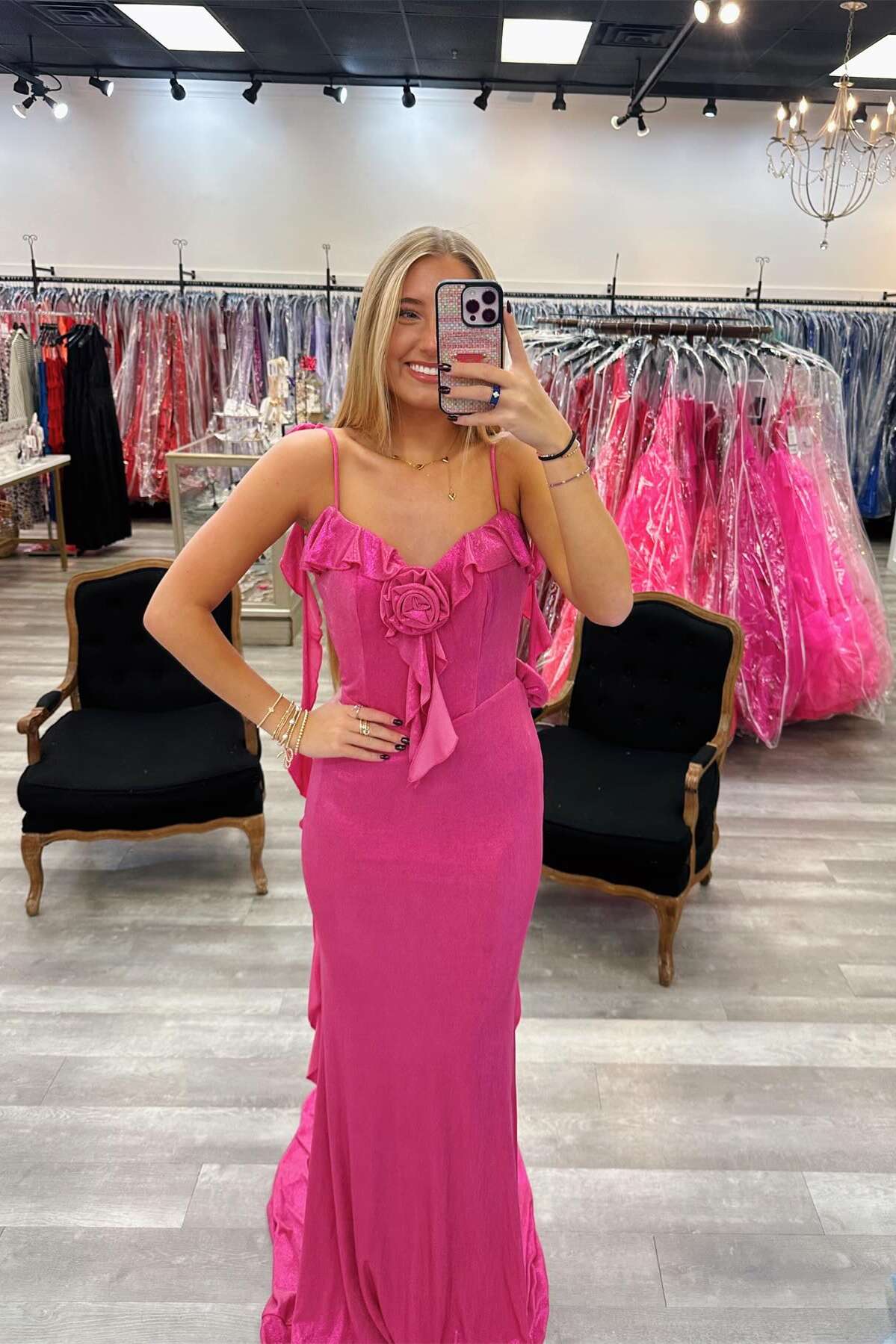 Vestido de noche Weitese con tirantes finos, espalda abierta, color rosa intenso y flores, vestido de fiesta 