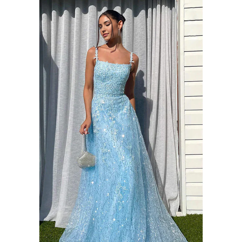 Vestido Weitese con tirantes finos, encaje, apliques de tul, corte A, largo, para fiesta de graduación 