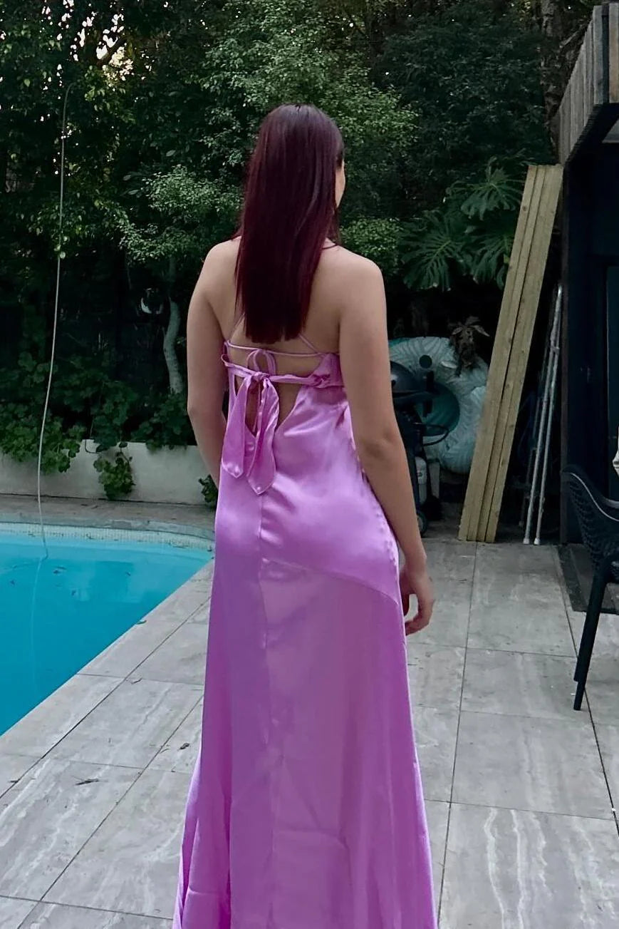 Robe Weitese à bretelles spaghetti en satin lilas sans manches avec fente 
