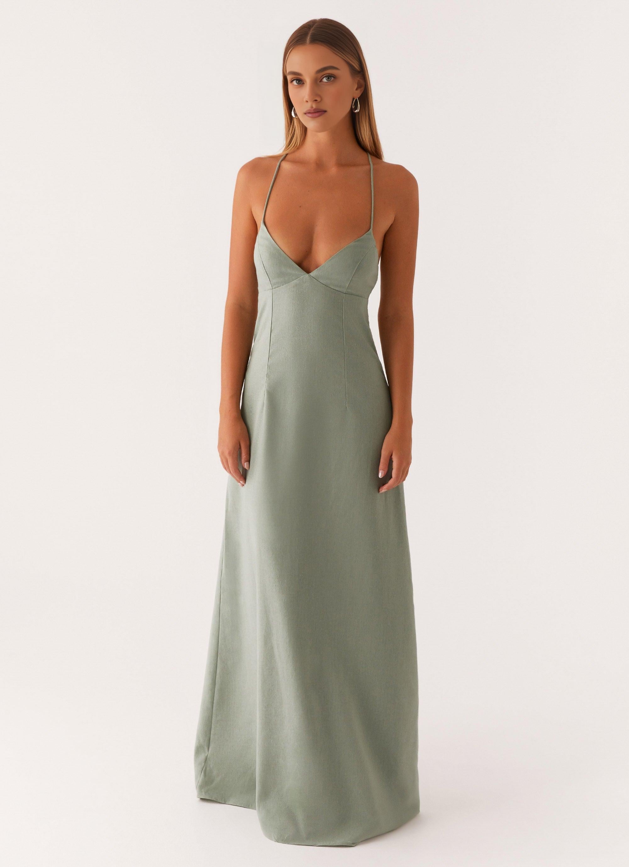 Weitese Dress Spaghetti Straps Maxi Dress Sheath Sleeveless Sage Deep V Neck Backless Lace Up Prom Dress