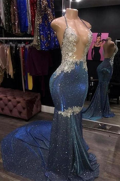 Weitese Dress Spaghetti Straps Mermaid Evening Dress Sleeveless Royal Blue Vintage Sweep Brush Train Prom Dress