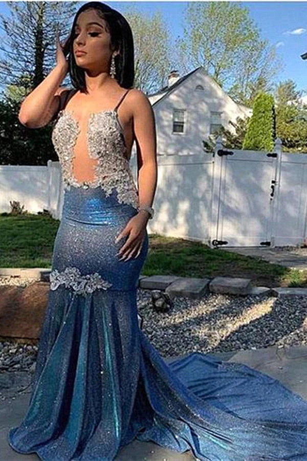 Weitese Dress Spaghetti Straps Mermaid Evening Dress Sleeveless Royal Blue Vintage Sweep Brush Train Prom Dress