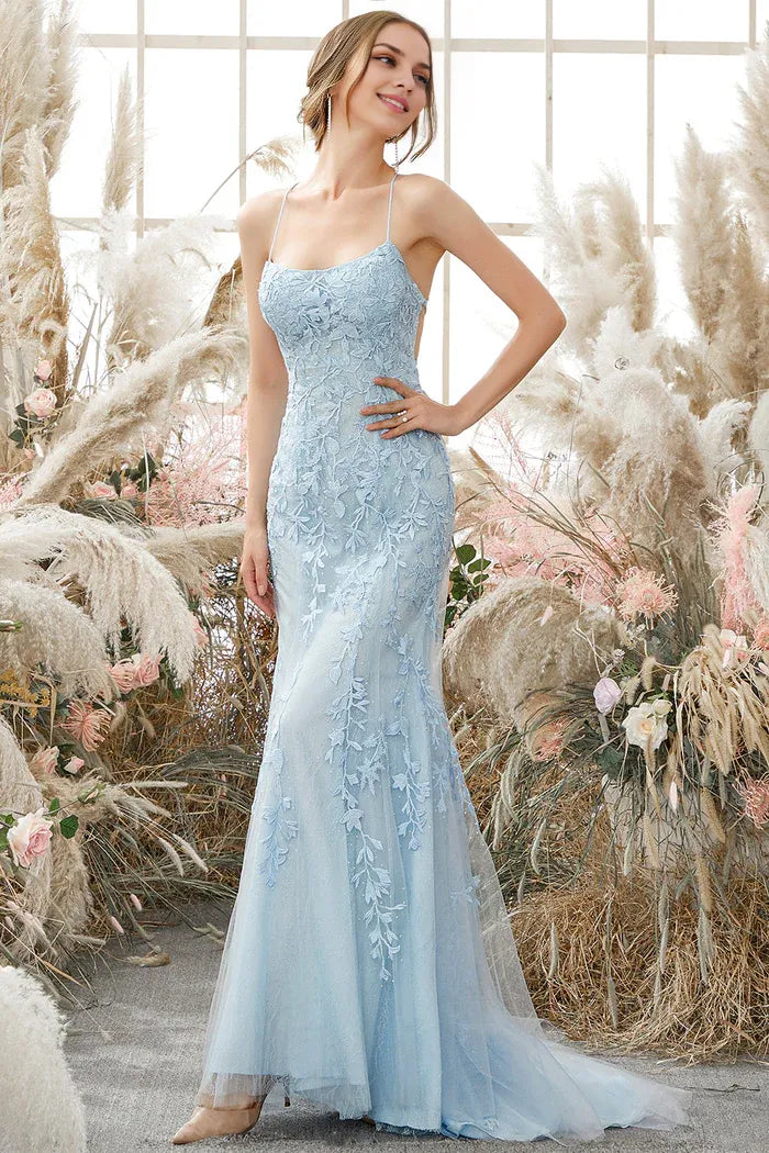 Weitese Dress Spaghetti Straps Mermaid Party Dress Lace Applique Sleeveless Prom Dress