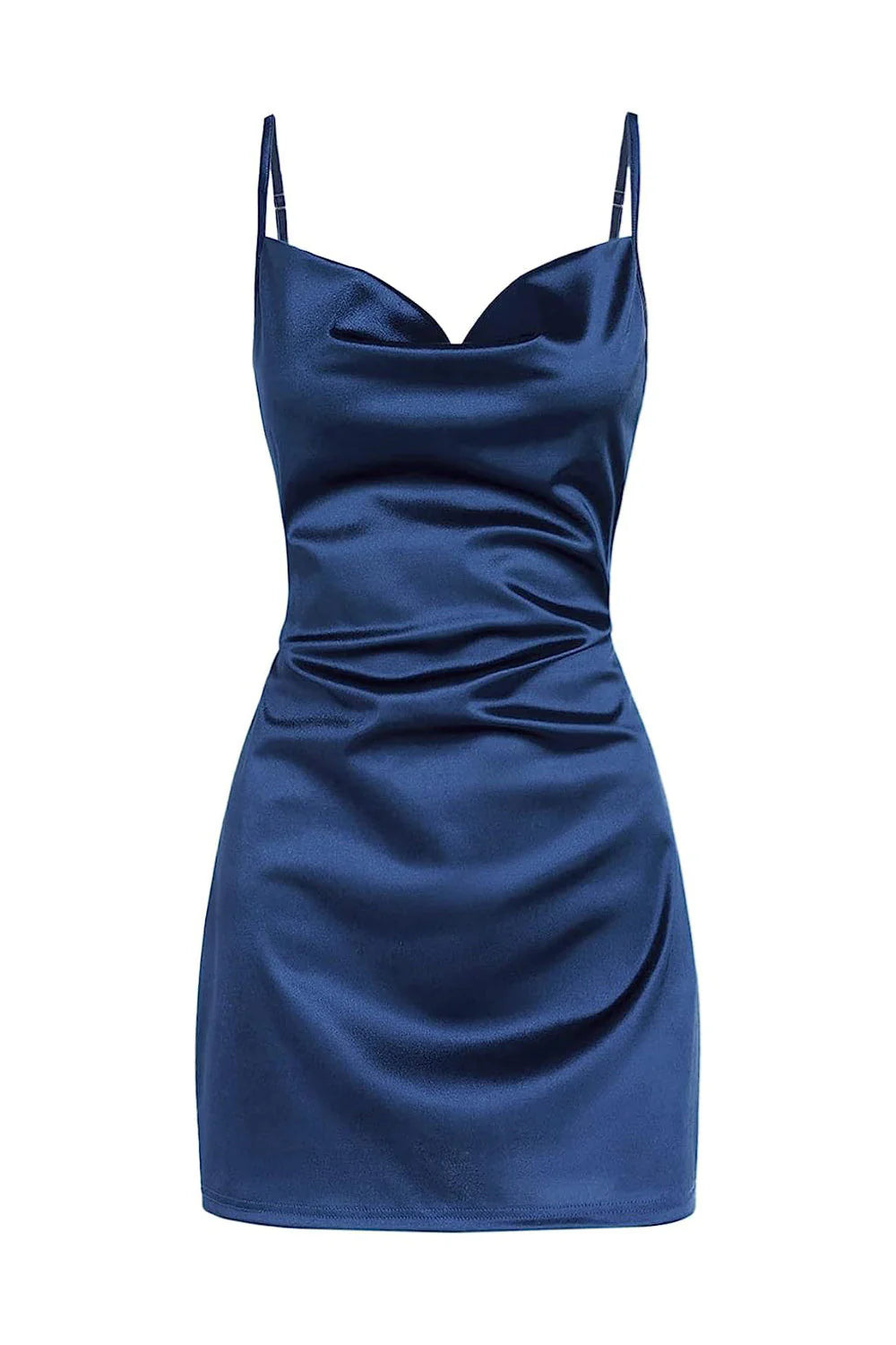 Weitese Dress Spaghetti Straps Navy Blue Cowl Neck Short Party Dress Lace-Up Back Homecoming Dress