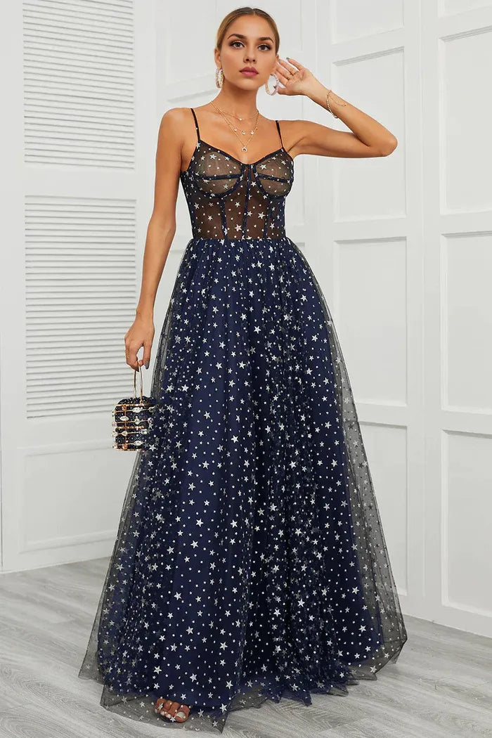 Vestido Weitese con tirantes finos, vestido de fiesta largo azul marino con estrellas, vestido de fiesta sin mangas