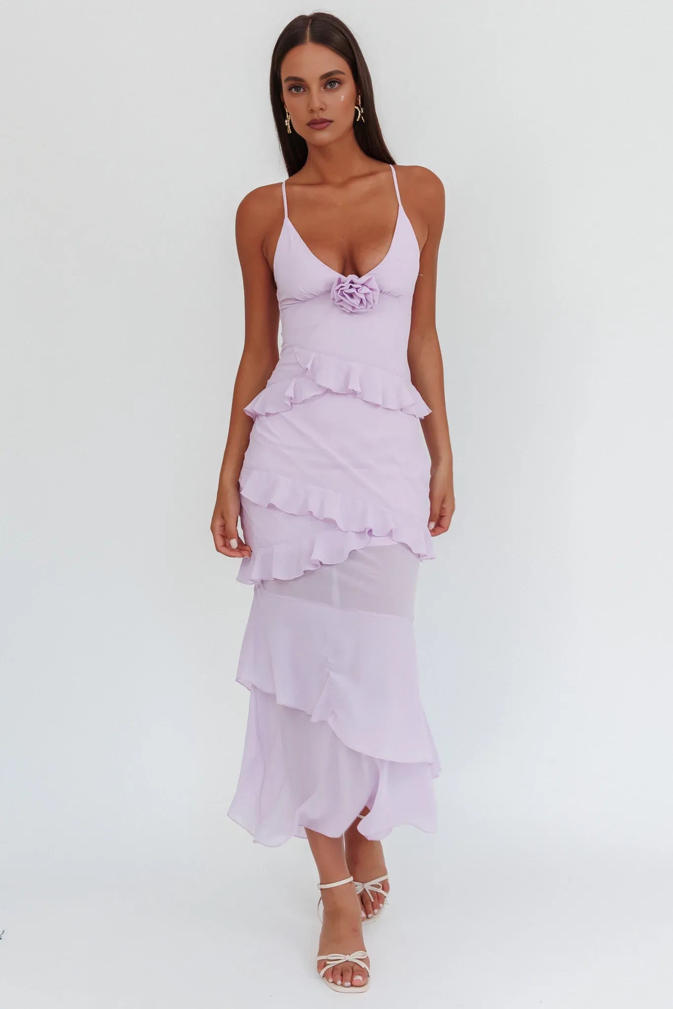 Weitese Dress Spaghetti Straps Off Shoulder Lilac Ankle-Length Tiered Prom Dress