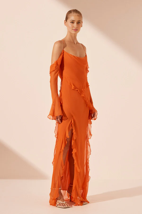 Weitese Dress Spaghetti Straps Off Shoulder Long Sleeve Ruffle Maxi Dress Flame Orange Party Dress Evening Dress