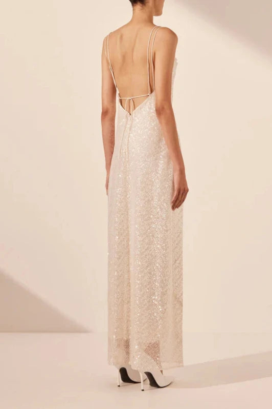 Vestido largo Weitese con tirantes finos y espalda abierta, color marfil, largo hasta los tobillos, para fiesta y noche. 