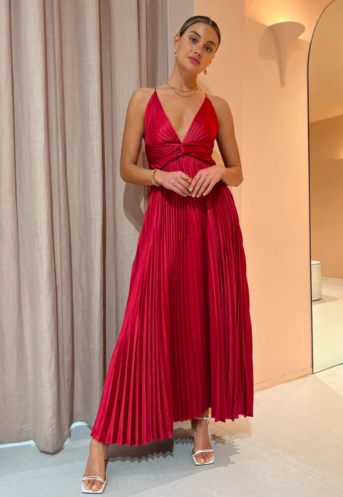 Weitese Dress Spaghetti Straps Open Back Maxi Dress Lace Up Deep V Neck Sleeveless Floor Length Pleated Prom Dress