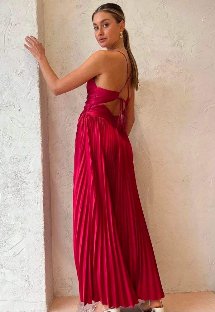 Weitese Dress Spaghetti Straps Open Back Maxi Dress Lace Up Deep V Neck Sleeveless Floor Length Pleated Prom Dress