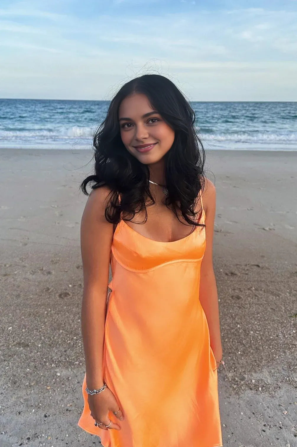 Weitese Dress Spaghetti Straps Orange A-line Satin Short Dress Homecoming Dress