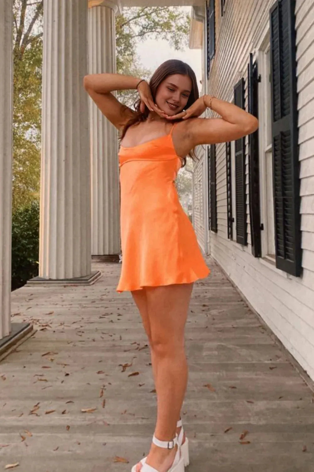 Weitese Dress Spaghetti Straps Orange A-line Satin Short Dress Homecoming Dress