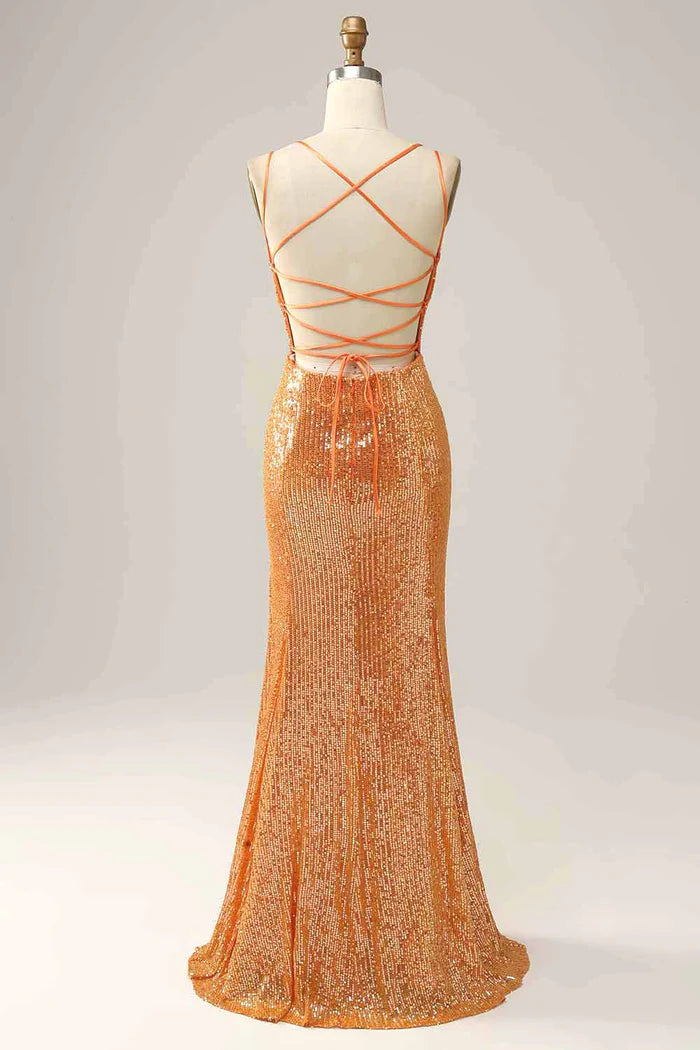 Weitese Dress Spaghetti Straps Orange Sequined Backless Mermaid Party Dress Prom Dress