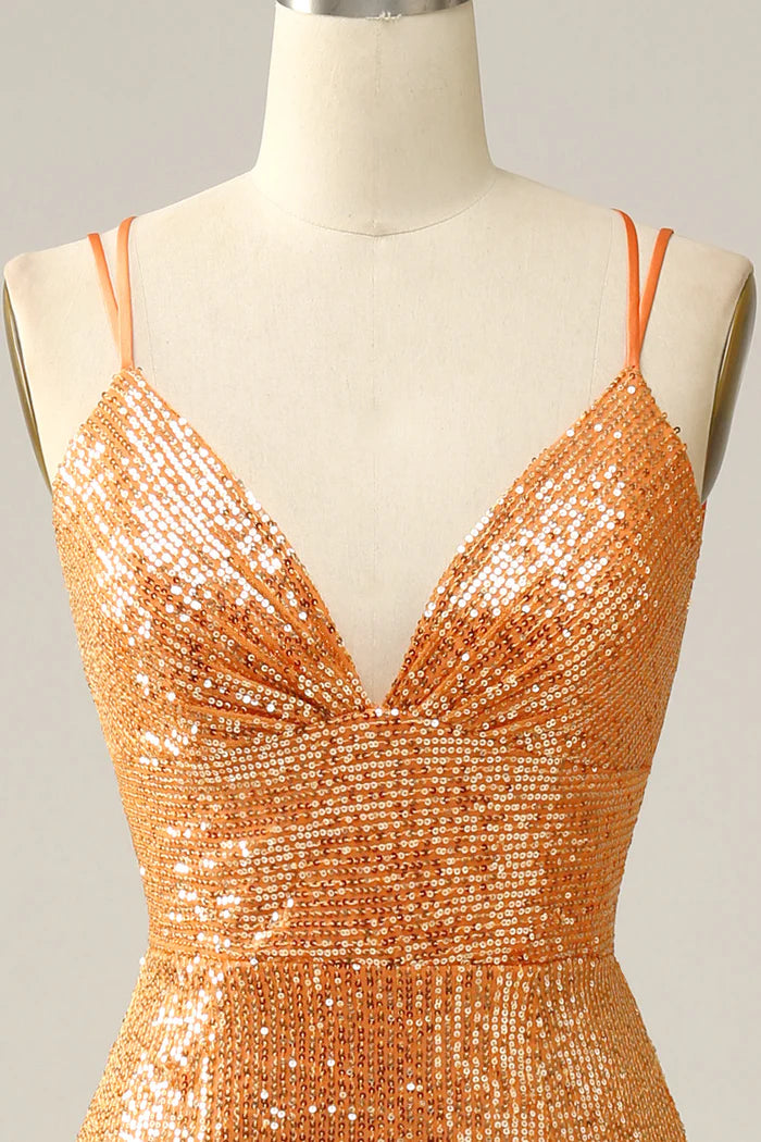 Weitese Dress Spaghetti Straps Orange Sequined Backless Mermaid Party Dress Prom Dress