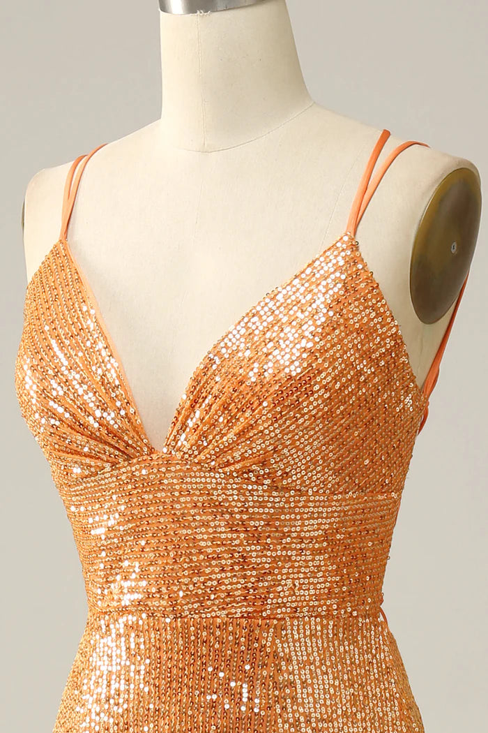 Weitese Dress Spaghetti Straps Orange Sequined Backless Mermaid Party Dress Prom Dress