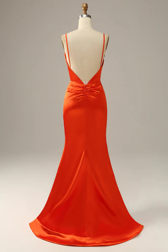 Weitese Dress Spaghetti Straps Orange V Neck Mermaid Party Dress Prom Dress