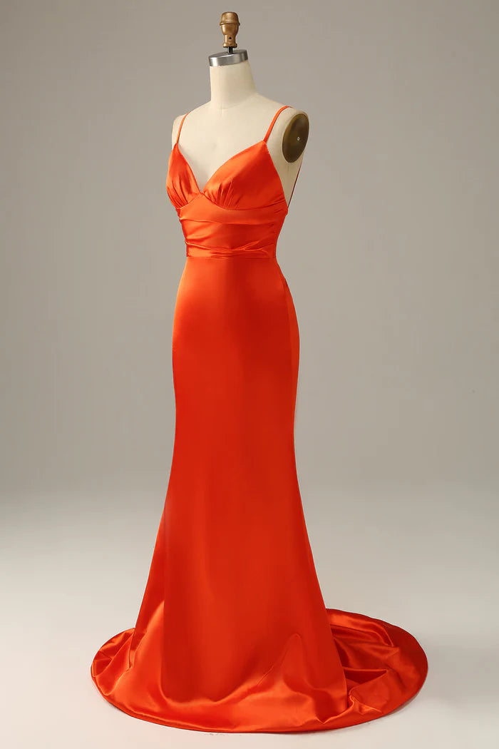 Weitese Dress Spaghetti Straps Orange V Neck Mermaid Party Dress Prom Dress
