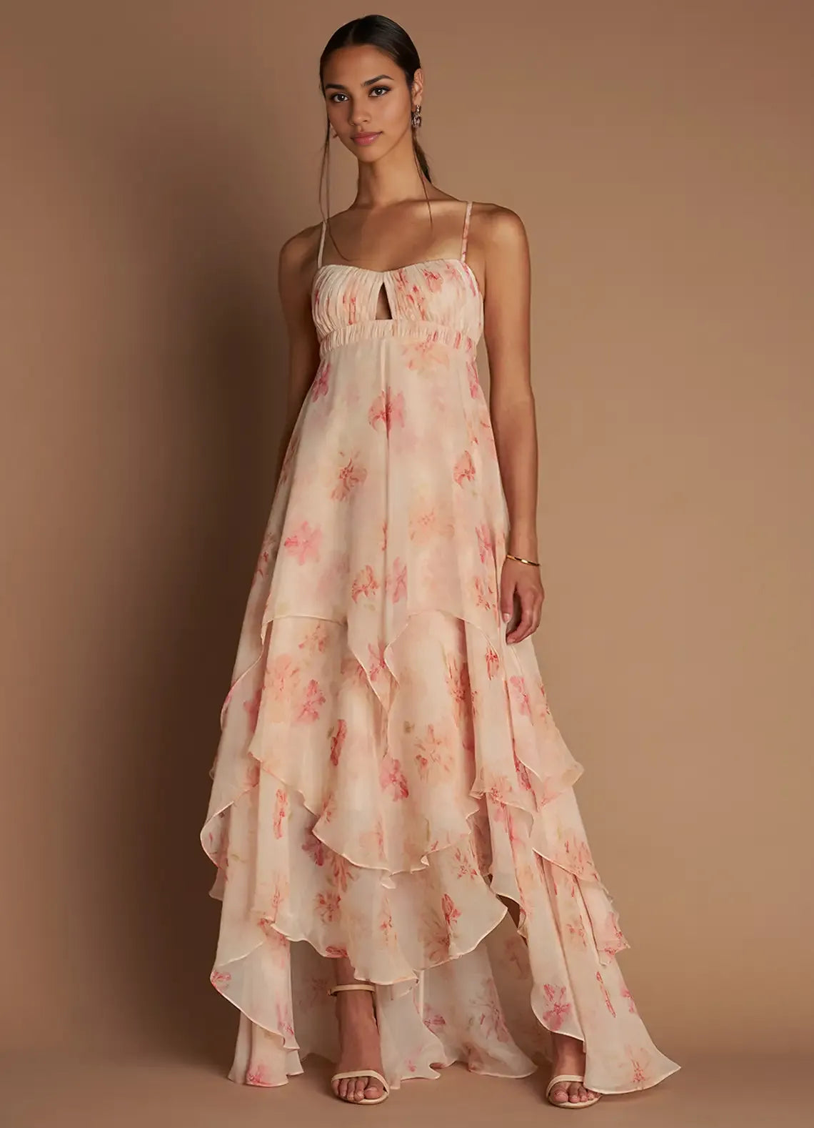 Vestido Weitese con tirantes finos, color melocotón, romántico, estampado floral, maxivestido sin mangas, princesa, vestido de fiesta de varias capas. 