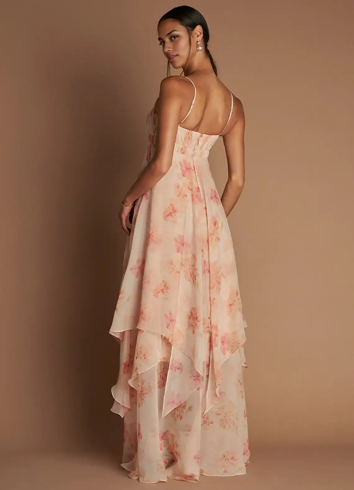 Vestido Weitese con tirantes finos, color melocotón, romántico, estampado floral, maxivestido sin mangas, princesa, vestido de fiesta de varias capas. 