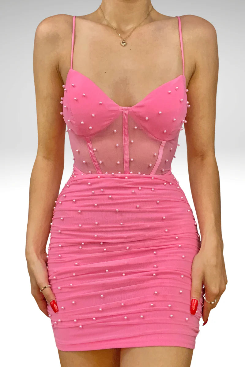 Weitese Dress Spaghetti Straps Pink Corset Tight Mini Dress With Pearls Sleeveless Homecoming Dress