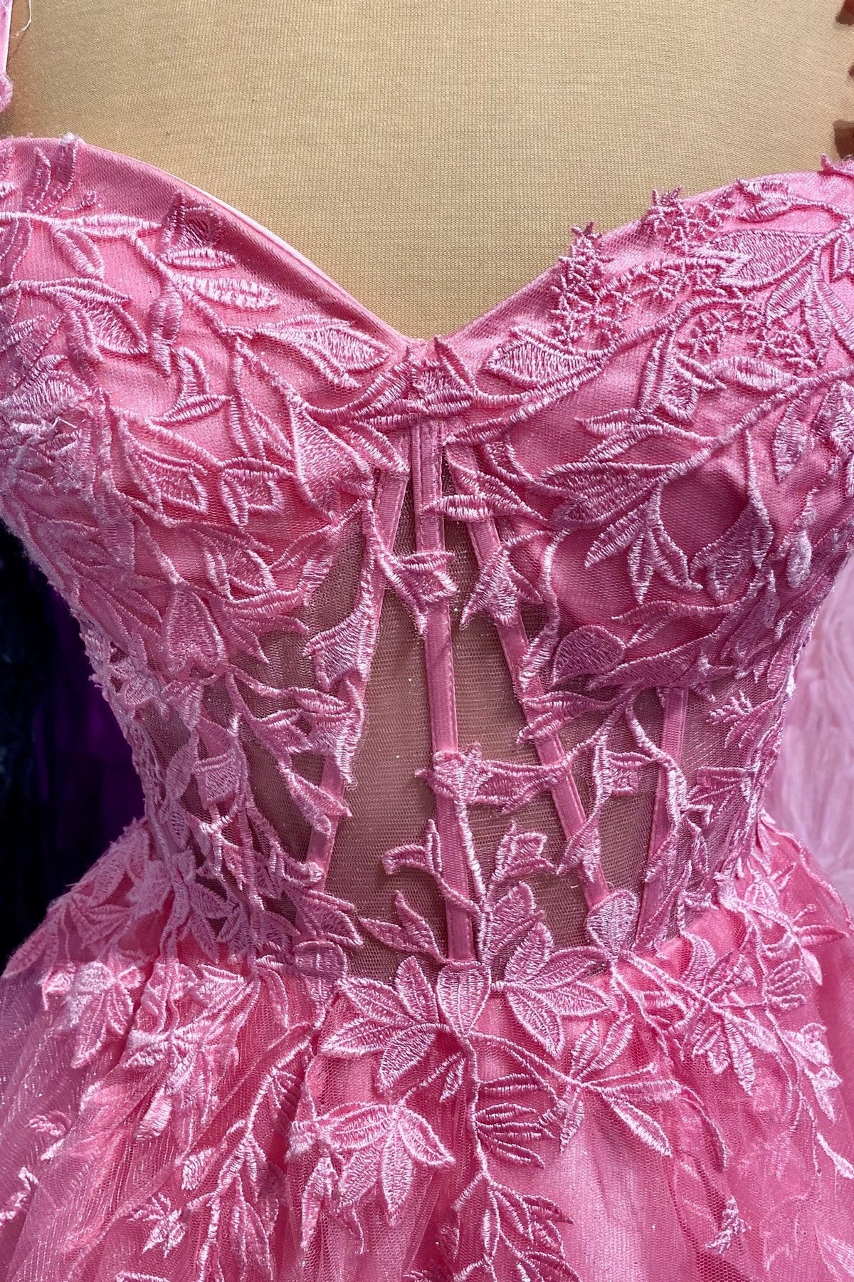 Weitese Dress Spaghetti Straps Pink Lace Appliques Short Party Dress Lace-Up Back Homecoming Dress