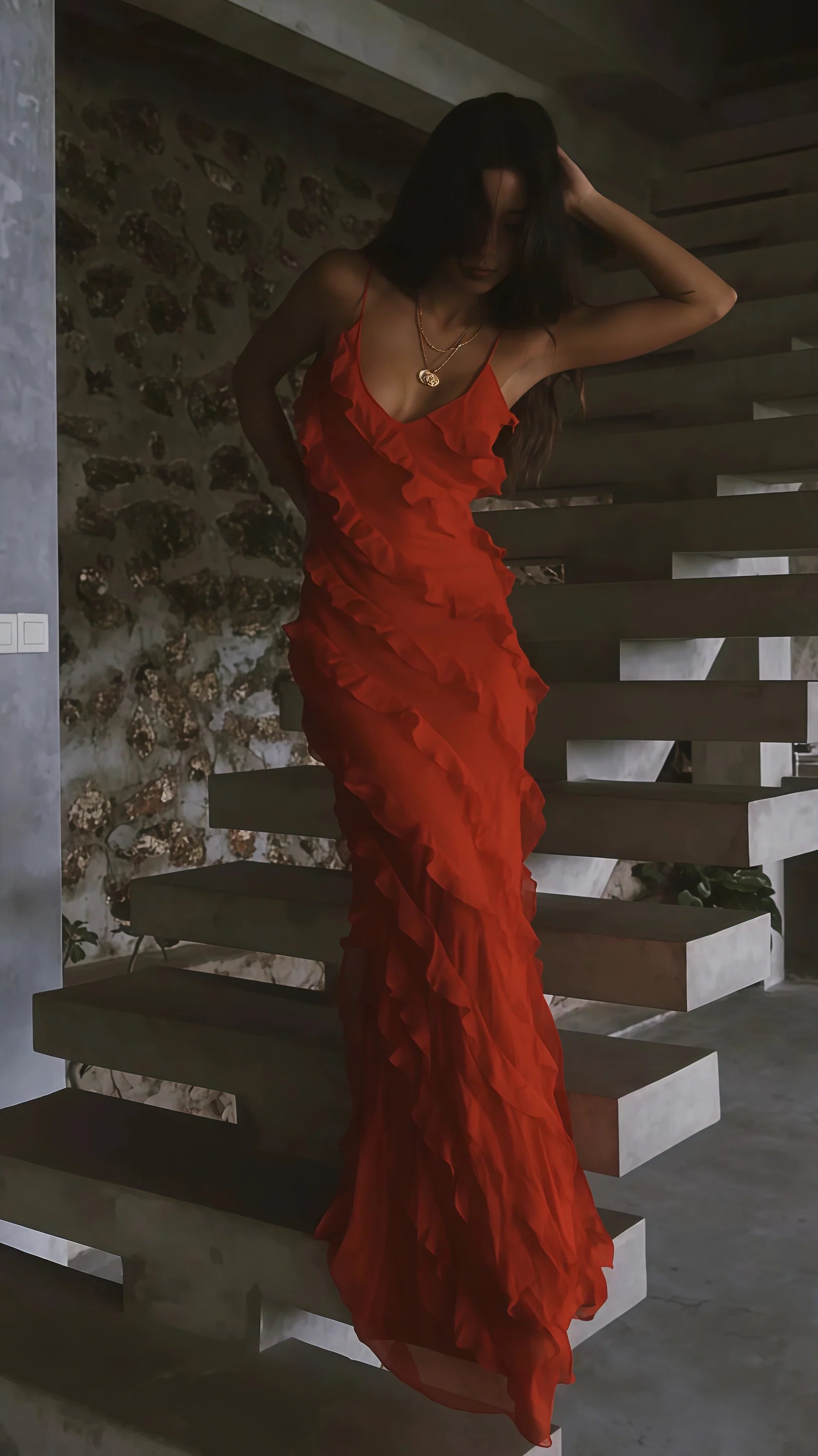 Weitese Dress Spaghetti Straps Red Long Prom Dresses Ruffles Sheath Evening Formal Gown