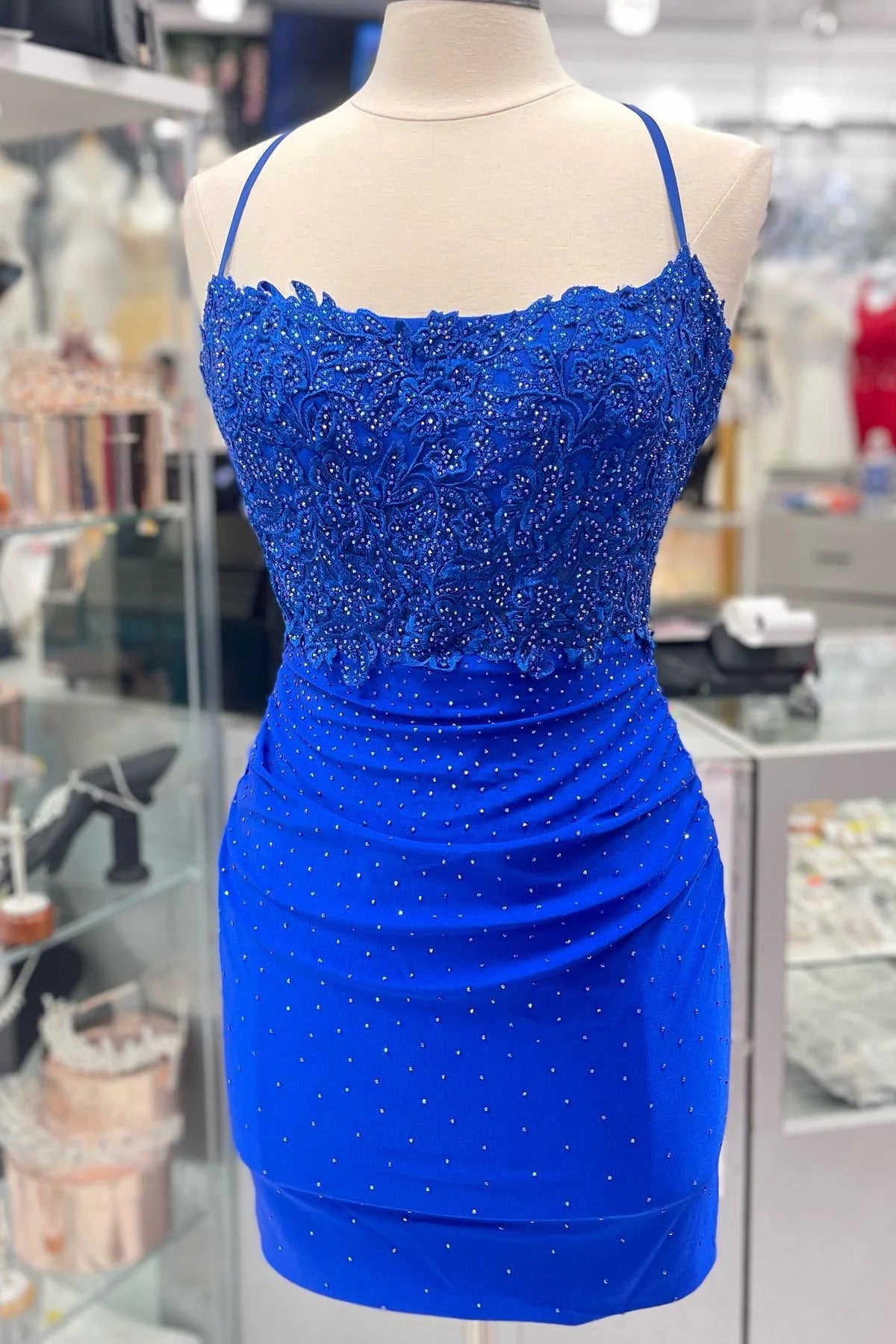 Weitese Dress Spaghetti Straps Royal Blue Appliques Bodycon Mini Dress Sleeveless Crisscross Back Homecoming Dress