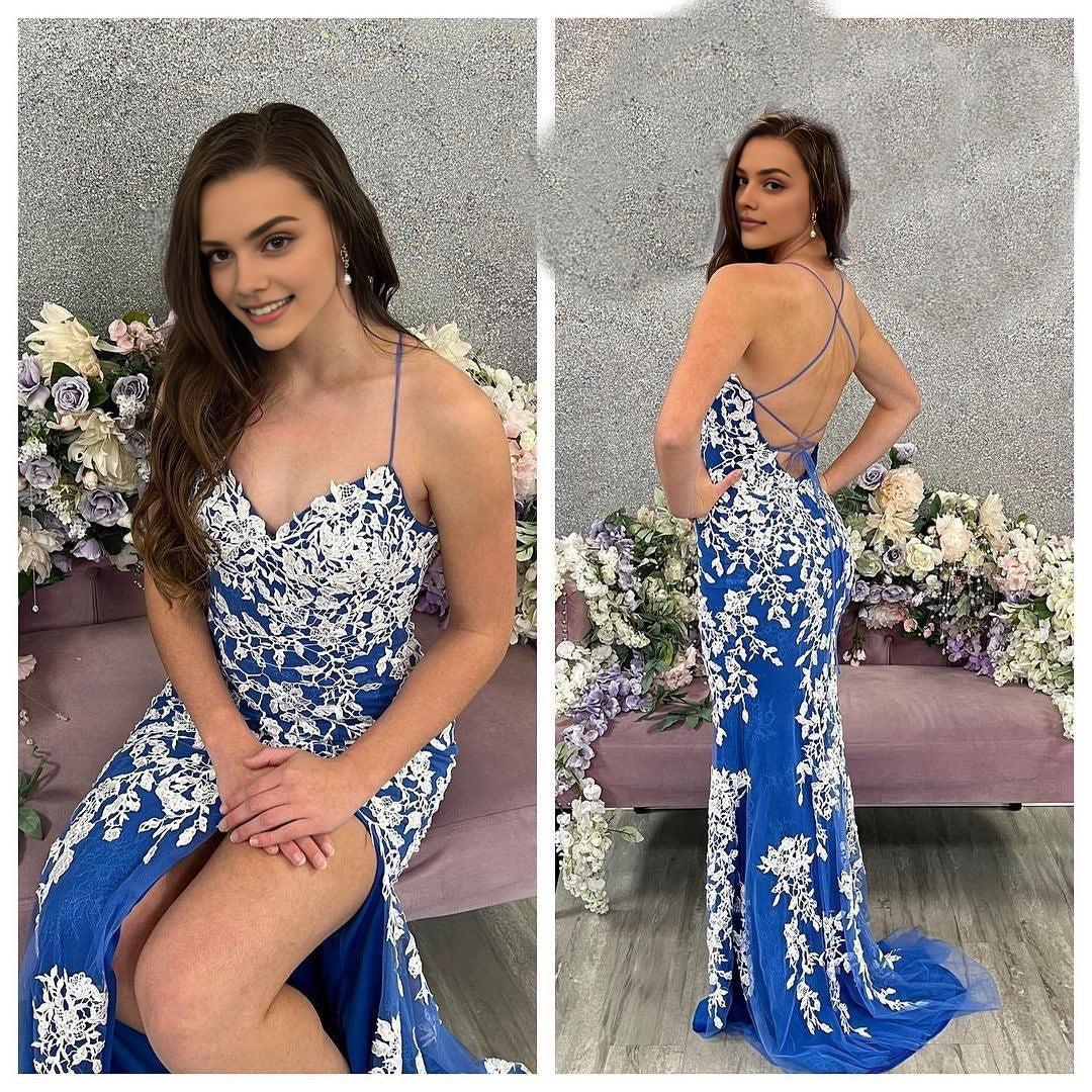 Weitese Dress Spaghetti Straps Royal Blue and White Lace Mermaid Backless Formal Dress Prom Dress