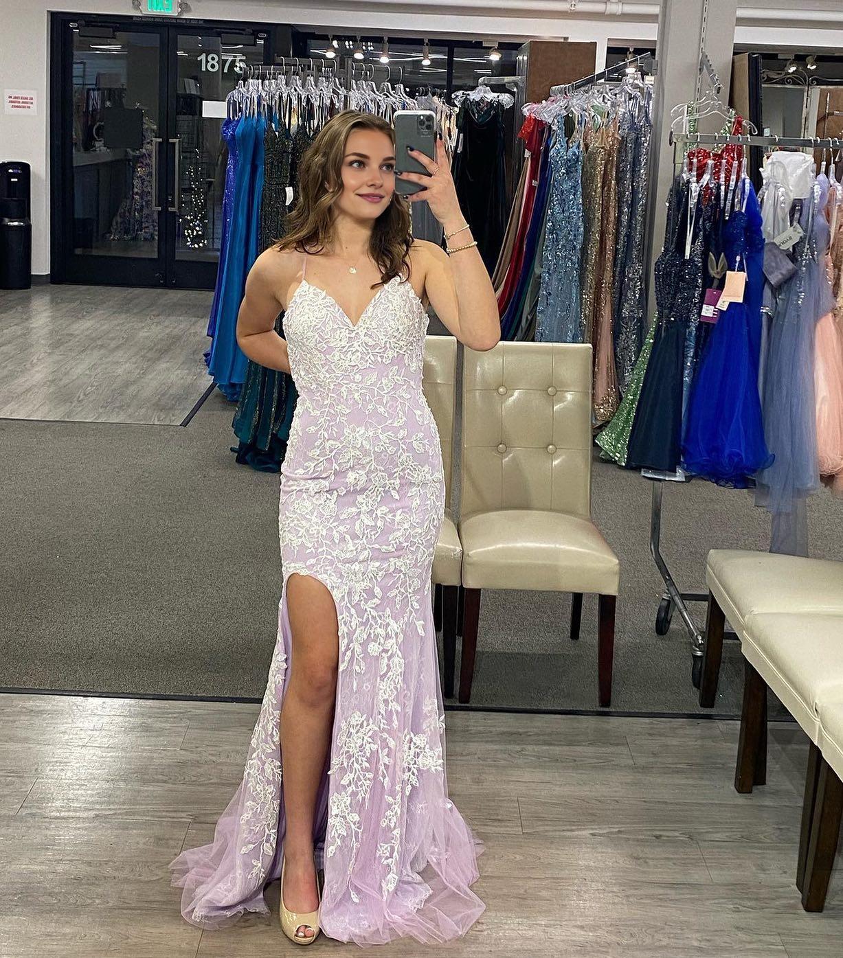 Weitese Dress Spaghetti Straps Royal Blue and White Lace Mermaid Backless Formal Dress Prom Dress