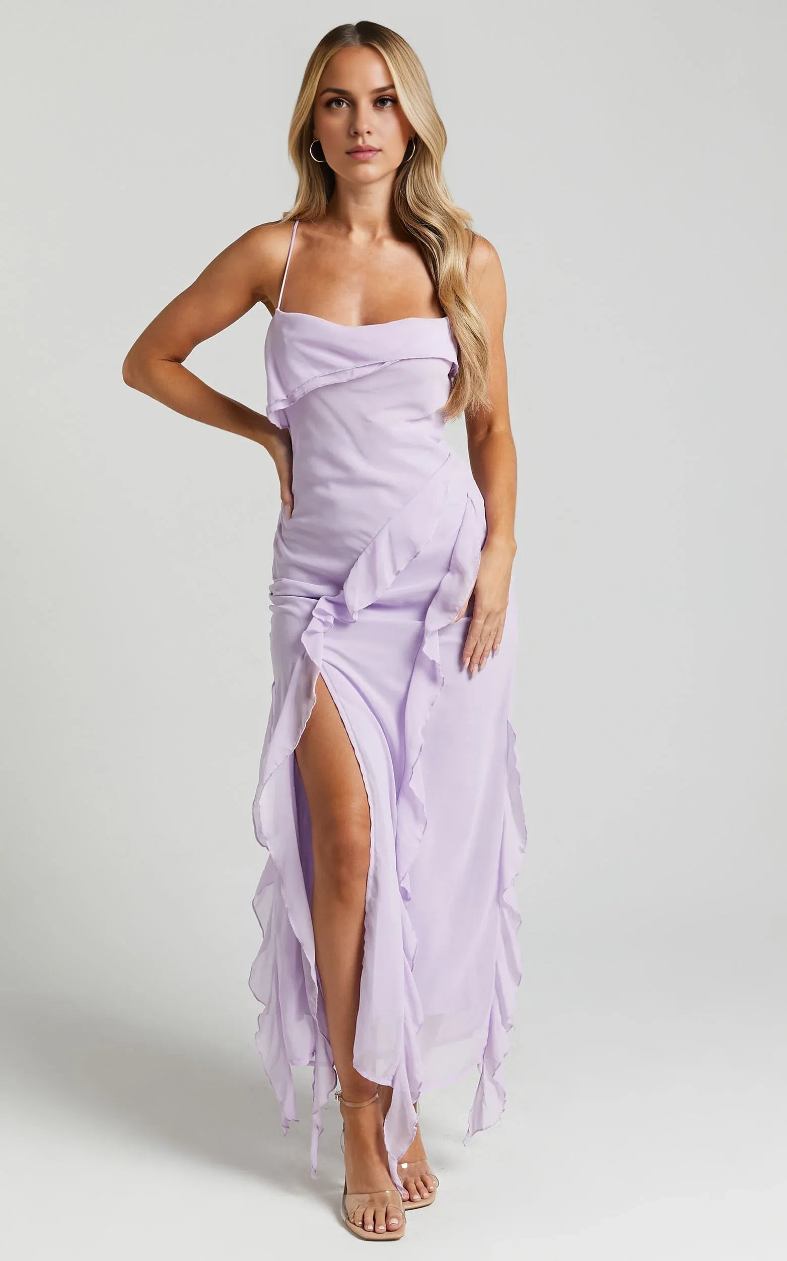 Weitese Dress Spaghetti Straps Ruffle Lilac Midi Dress Modern Solid Color Sleeveless Backless Party Evening Dress