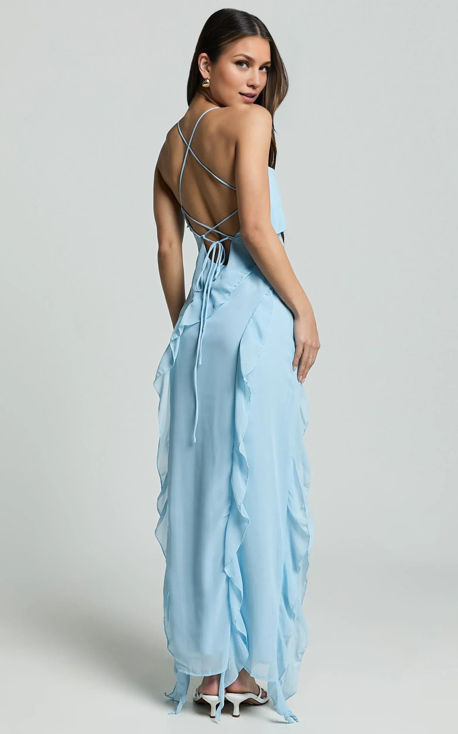Weitese Dress Spaghetti Straps Ruffle Lilac Midi Dress Modern Solid Color Sleeveless Backless Party Evening Dress