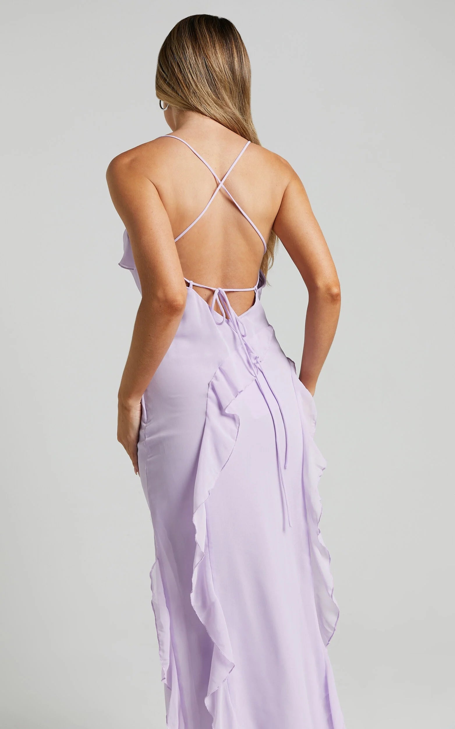 Weitese Dress Spaghetti Straps Ruffle Lilac Midi Dress Modern Solid Color Sleeveless Backless Party Evening Dress