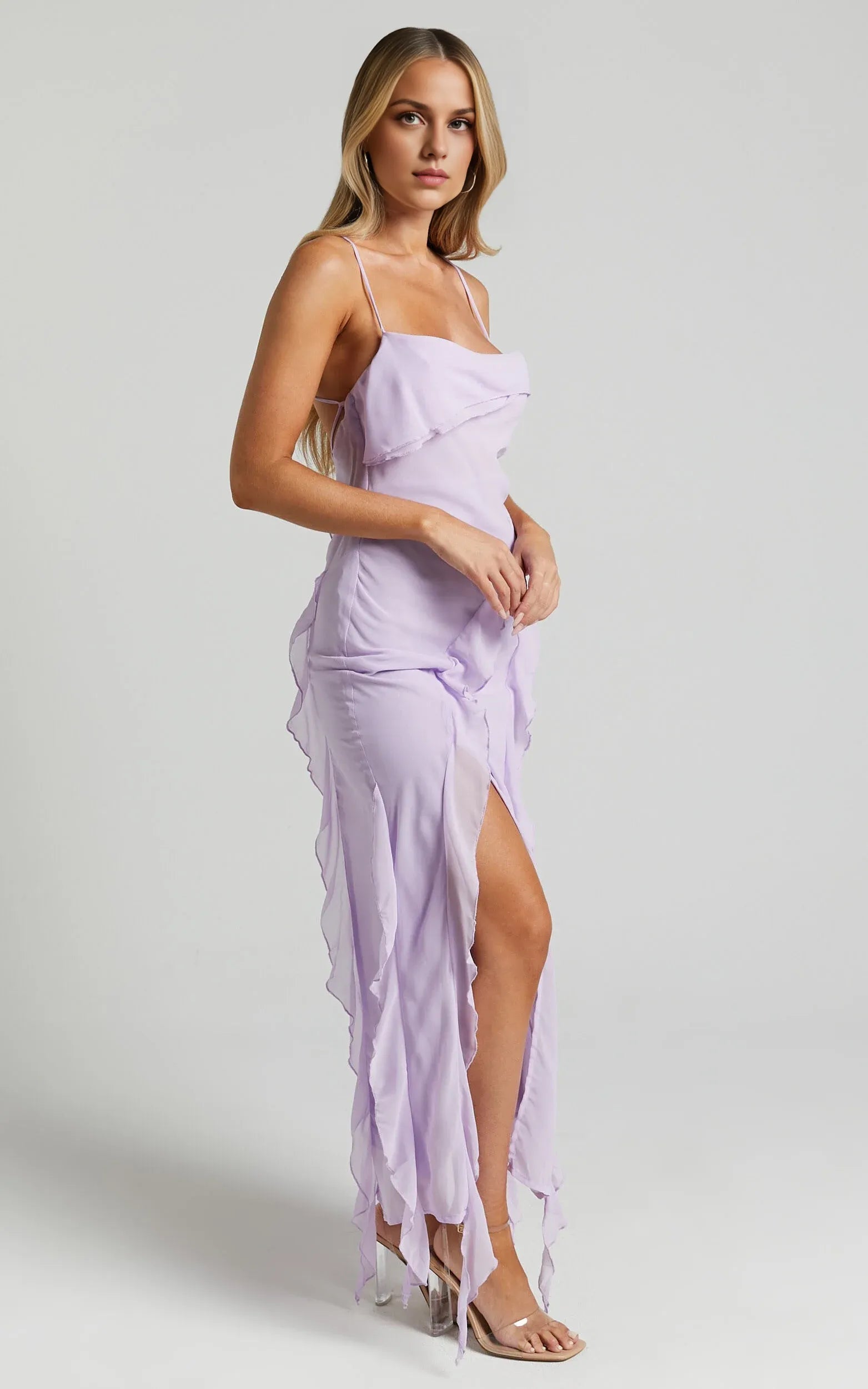 Weitese Dress Spaghetti Straps Ruffle Lilac Midi Dress Modern Solid Color Sleeveless Backless Party Evening Dress