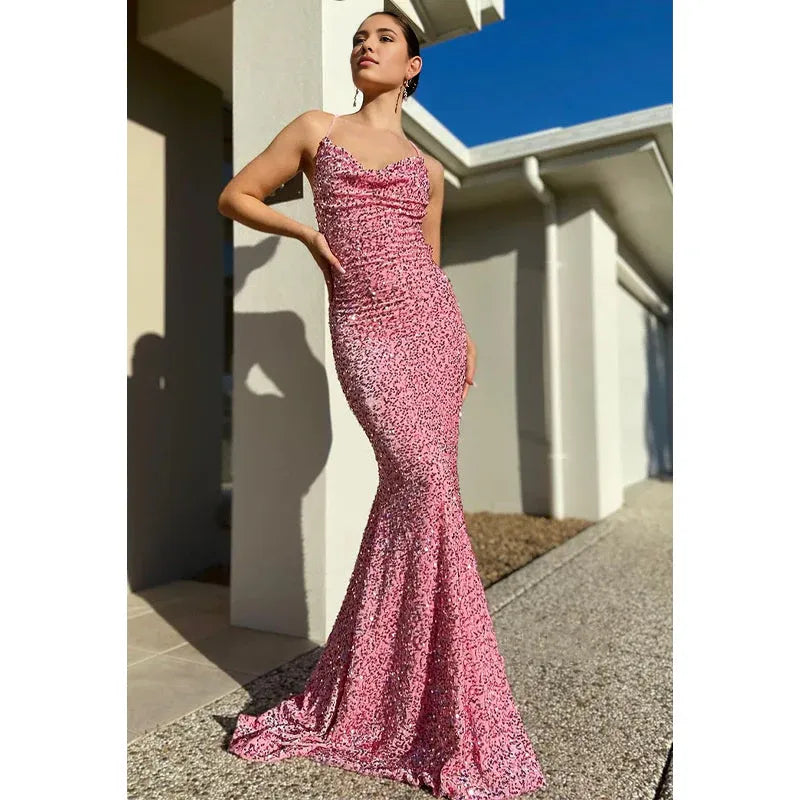 Vestido Weitese con tirantes finos, lentejuelas, sirena, brillante, para fiesta de graduación 