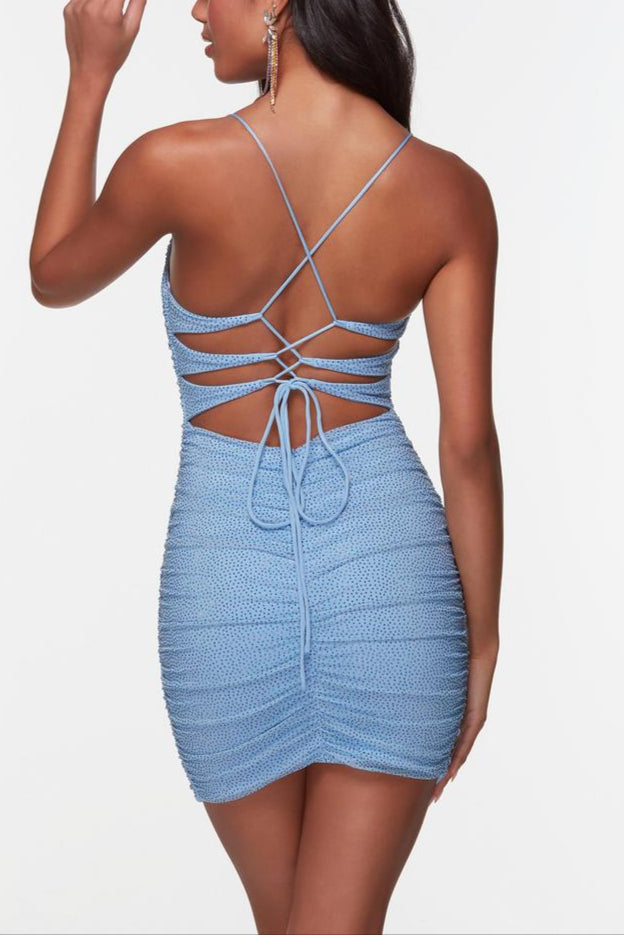 Weitese Dress Spaghetti Straps Sheath Column Sleeveless Backless Lace Up Sparkle & Shine Homecoming Dress