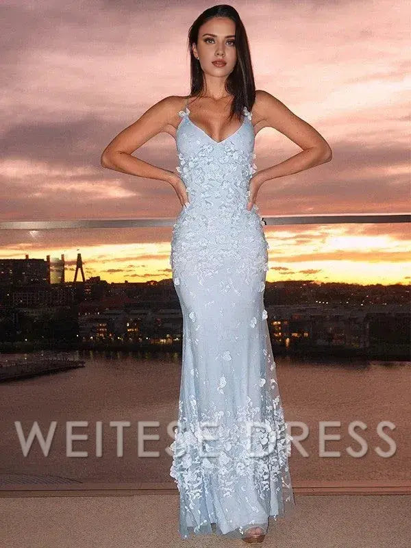 Weitese Dress Spaghetti Straps SheathColumn Tulle Applique Halter Sleeveless Floor-Length Dress