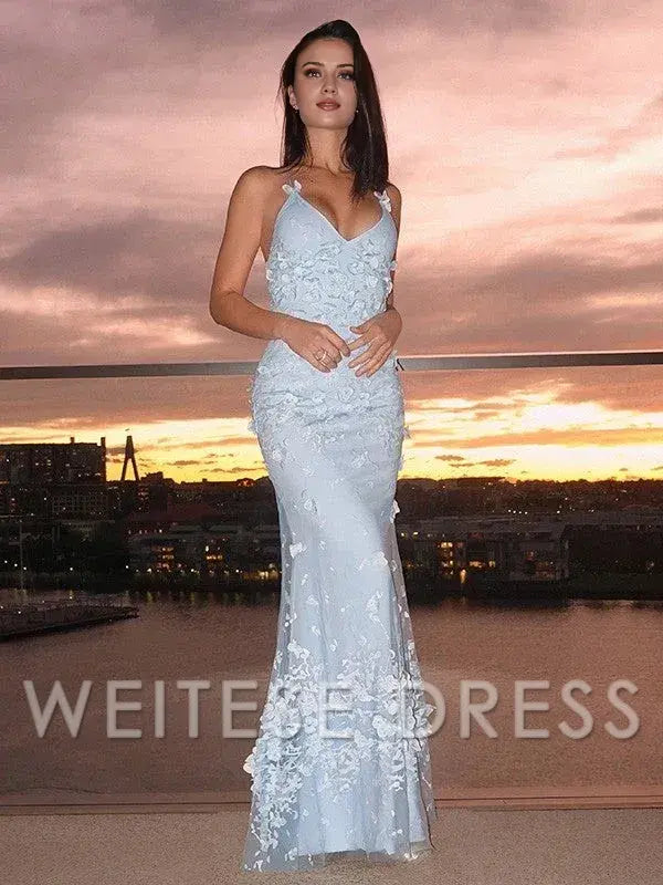Weitese Dress Spaghetti Straps SheathColumn Tulle Applique Halter Sleeveless Floor-Length Dress