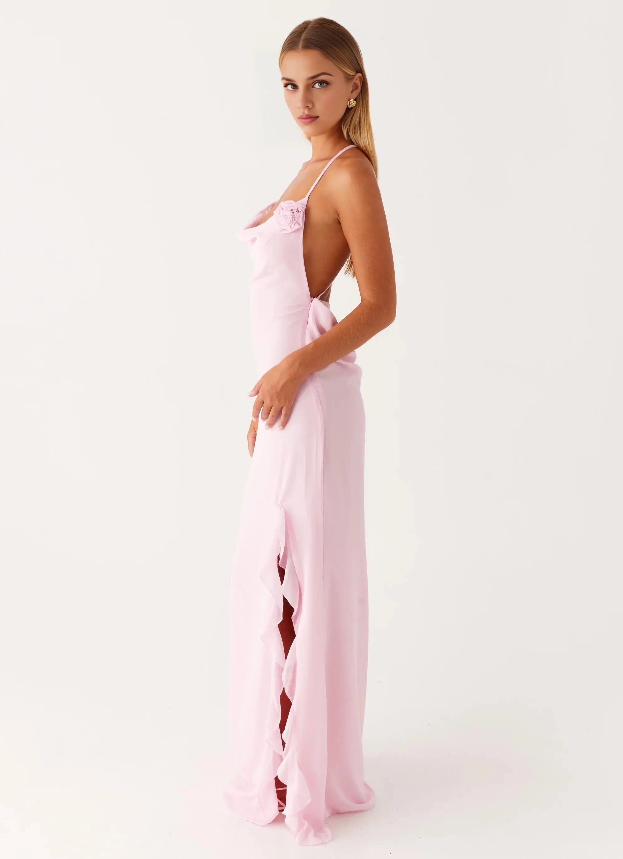 Vestido Weitese con tirantes finos, sin mangas, rosa, con volantes, sexy, sin espalda, largo hasta el suelo, vestido de fiesta con abertura 