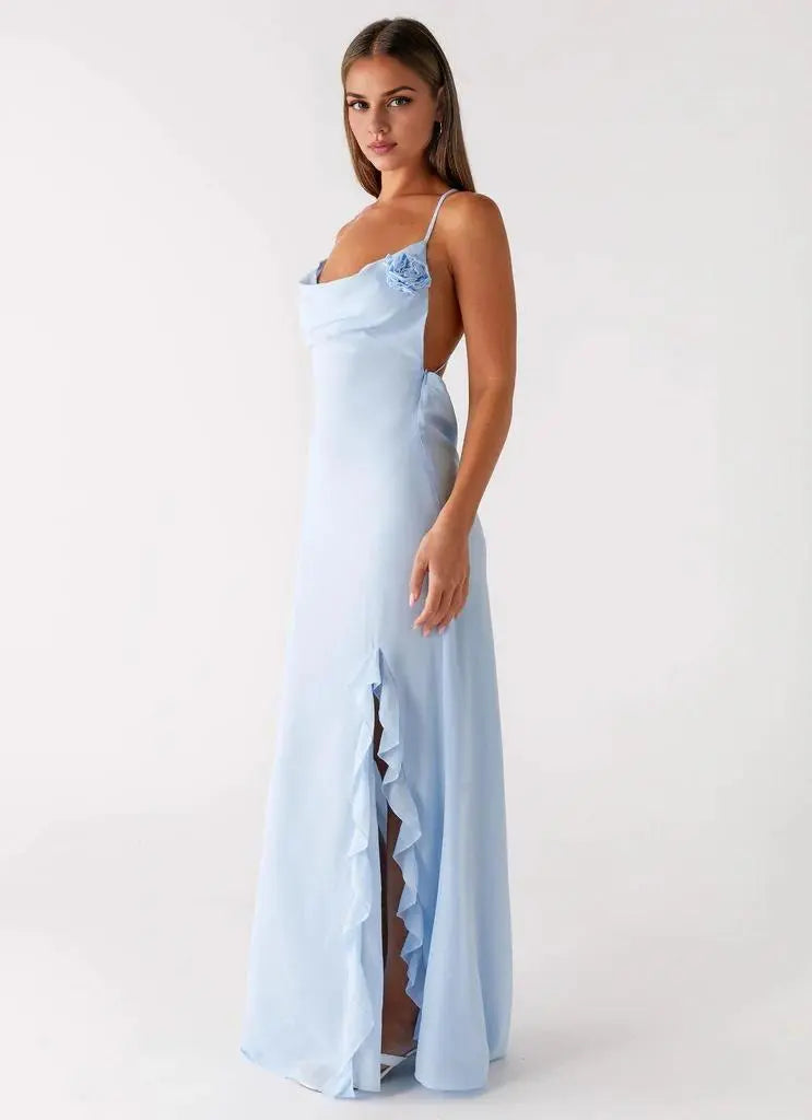 Vestido Weitese con tirantes finos, sin mangas, rosa, con volantes, sexy, sin espalda, largo hasta el suelo, vestido de fiesta con abertura 