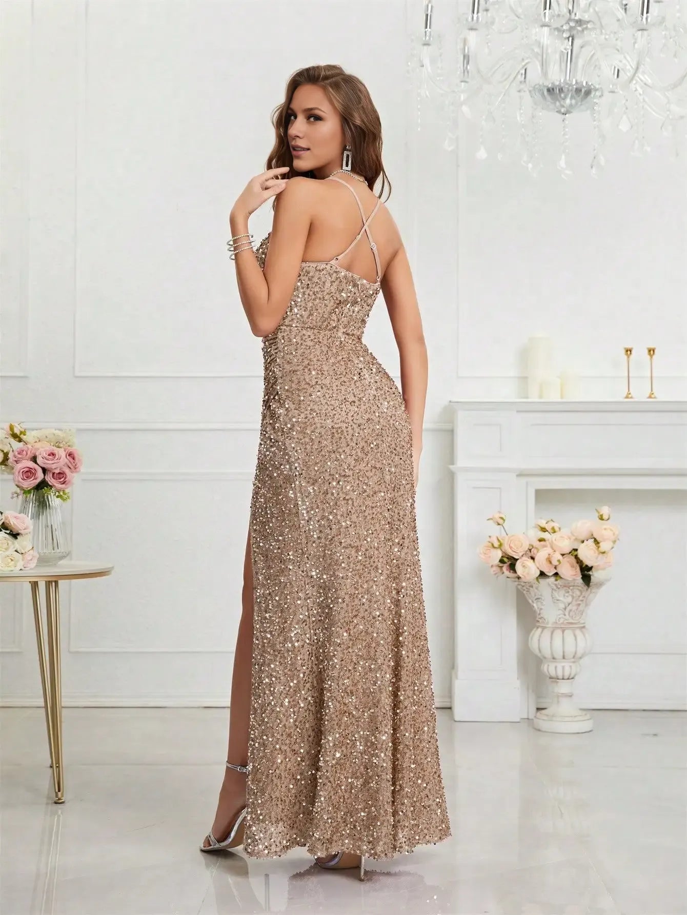 Vestido Weitese con tirantes finos y lentejuelas divididas para mujer, largo hasta el suelo, espalda cruzada, vestido de fiesta 