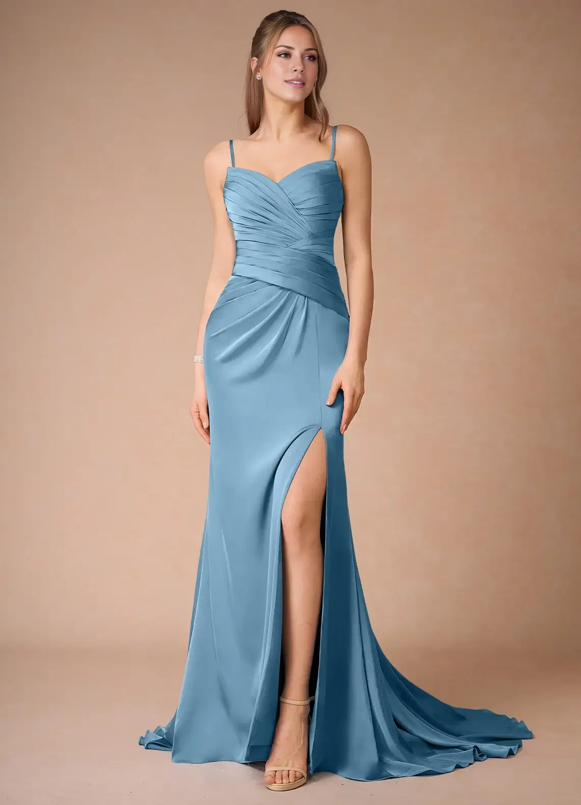 Weitese Dress Spaghetti Straps Steel Blue Simple Satin Maxi Dress Sleeveless Mermaid Side Slit Prom Dress