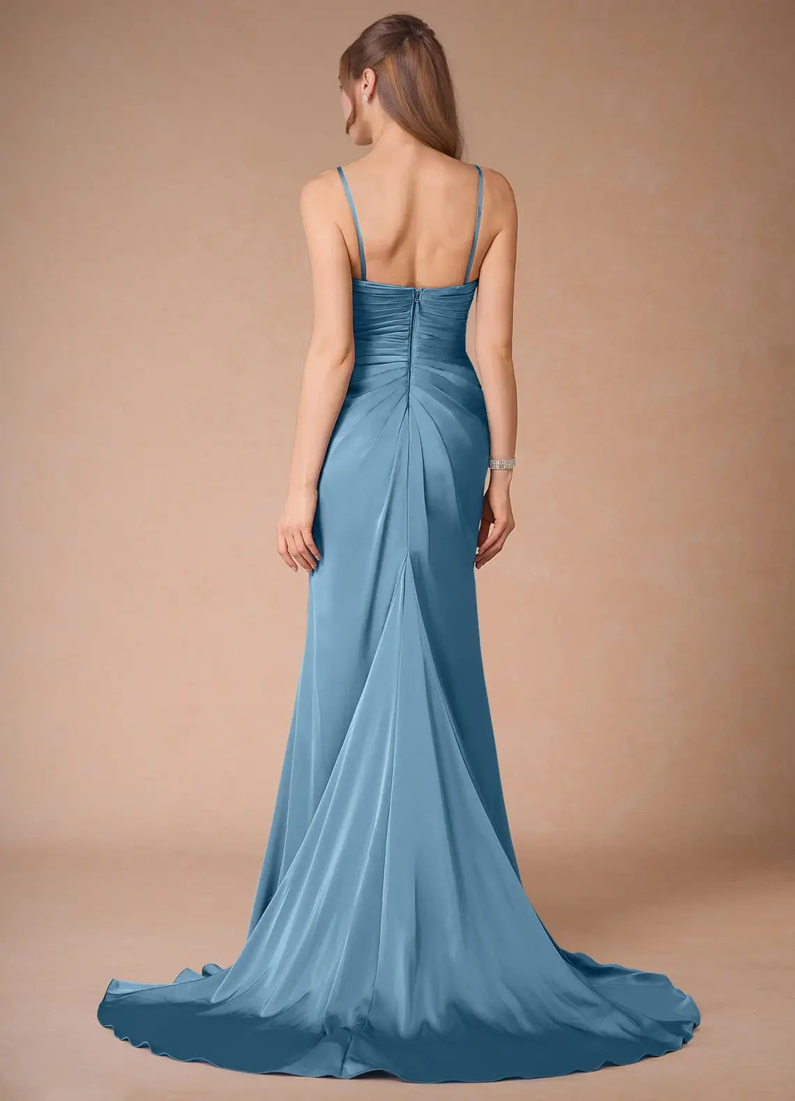 Weitese Dress Spaghetti Straps Steel Blue Simple Satin Maxi Dress Sleeveless Mermaid Side Slit Prom Dress