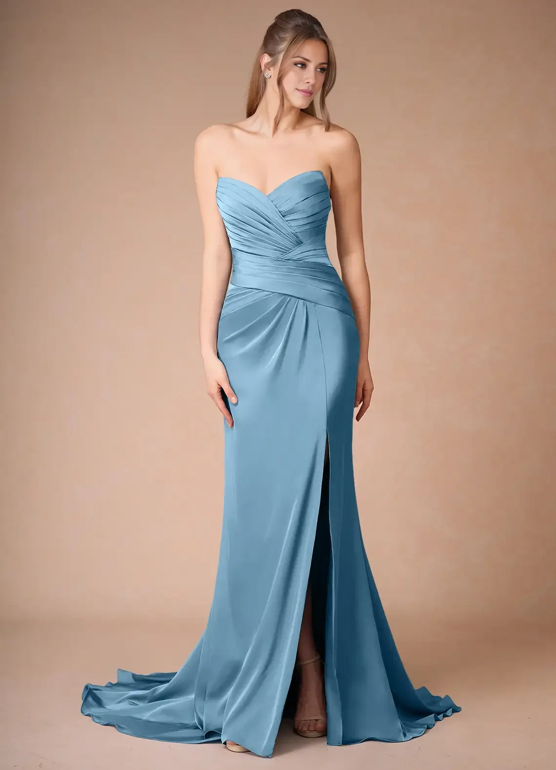 Vestido Weitese con tirantes finos, azul acero, sencillo, de satén, largo, sin mangas, corte sirena, abertura lateral, vestido de fiesta 