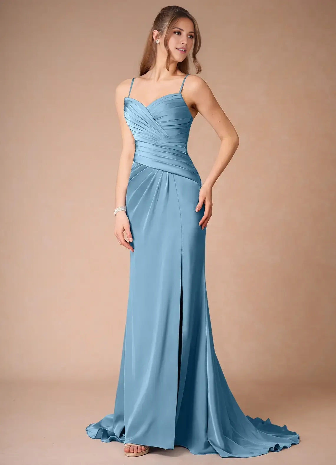 Vestido Weitese con tirantes finos, azul acero, sencillo, de satén, largo, sin mangas, corte sirena, abertura lateral, vestido de fiesta 