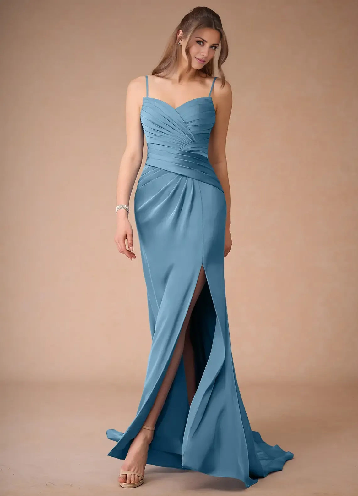 Vestido Weitese con tirantes finos, azul acero, sencillo, de satén, largo, sin mangas, corte sirena, abertura lateral, vestido de fiesta 