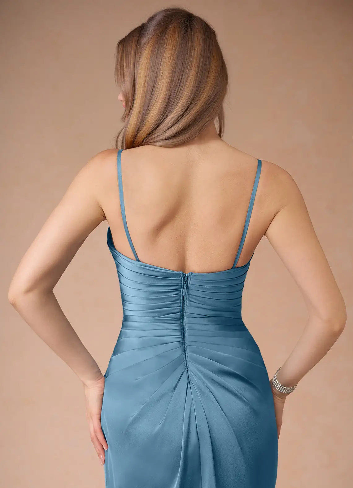 Vestido Weitese con tirantes finos, azul acero, sencillo, de satén, largo, sin mangas, corte sirena, abertura lateral, vestido de fiesta 